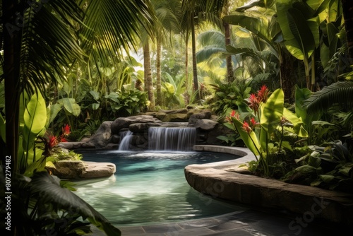Tranquil tropical garden with a small waterfall flowing into a serene pool