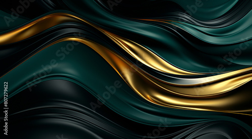 Abstract background of golden mountain liquid metal with waves and stars  dark silver  and deep green colors