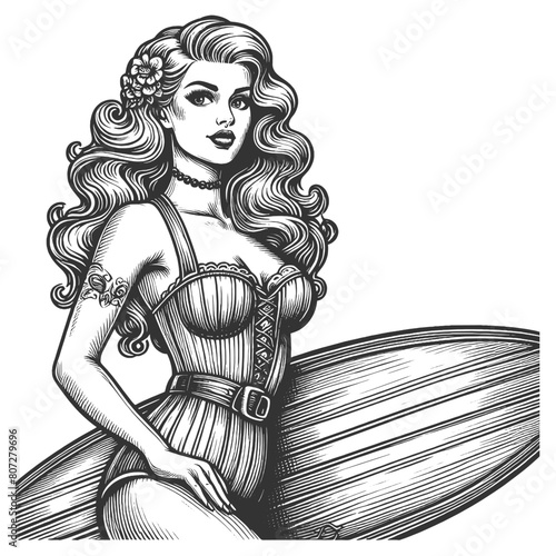 Hawaii flower pin-up girl woman with a surfboard, classic beach vibes allure of surfing culture sketch engraving generative ai fictional character vector illustration. Black and white image.