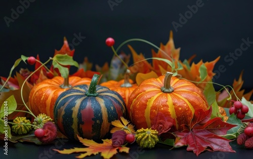 Autumn arrangement with colorful pumpkins and vibrant leaves.