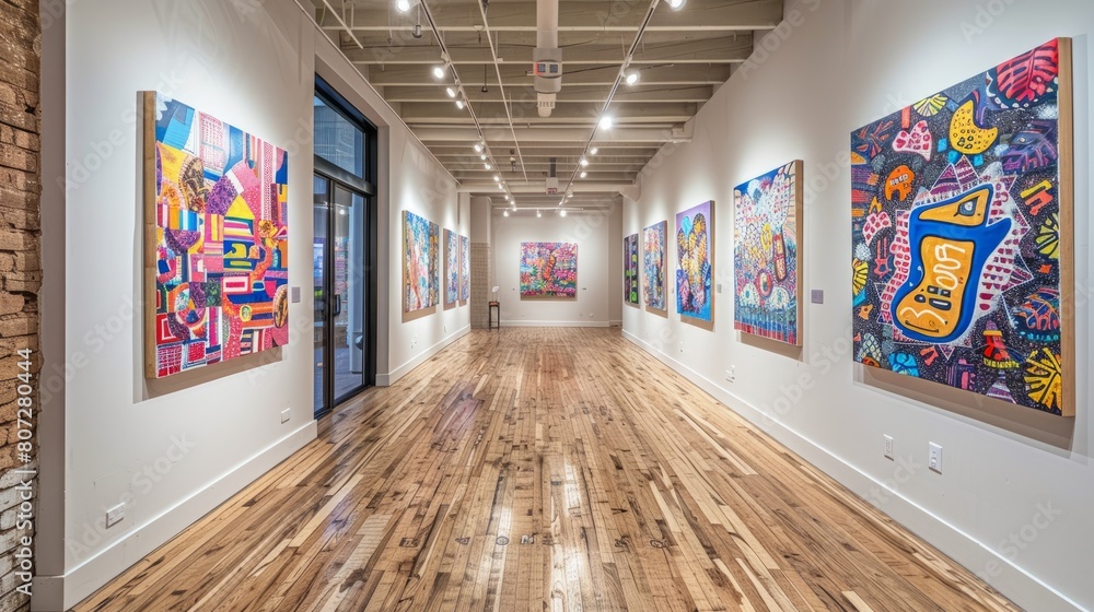 A gallery with a row of paintings on the wall. The paintings are abstract and colorful. The mood of the paintings is lively and energetic