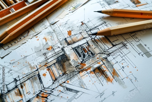 A detailed drawing of a building is being enhanced with the addition of pencils on top  symbolizing creativity and design ideas coming to life. Generative AI