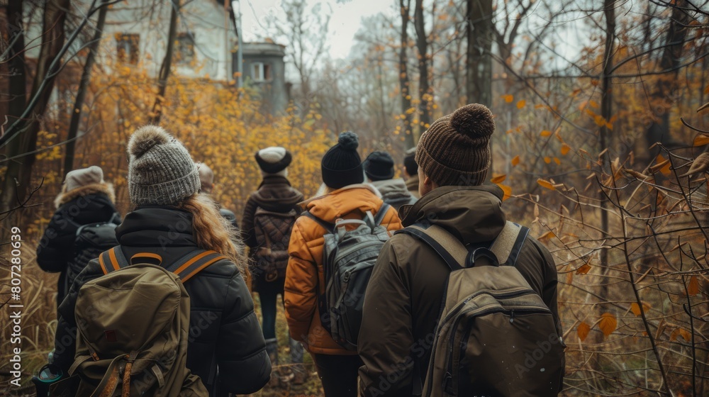 A group of people are walking through a forest wearing backpacks and hats. Scene is peaceful and serene, as the group is enjoying a hike in nature A group of people are walking through a forest wearing backpacks and hats. Scene is peaceful and serene, as the group is enjoying a hike in nature