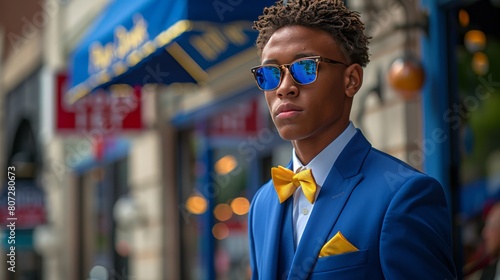 Man Wearing Blue Suit and Yellow Bow Tie