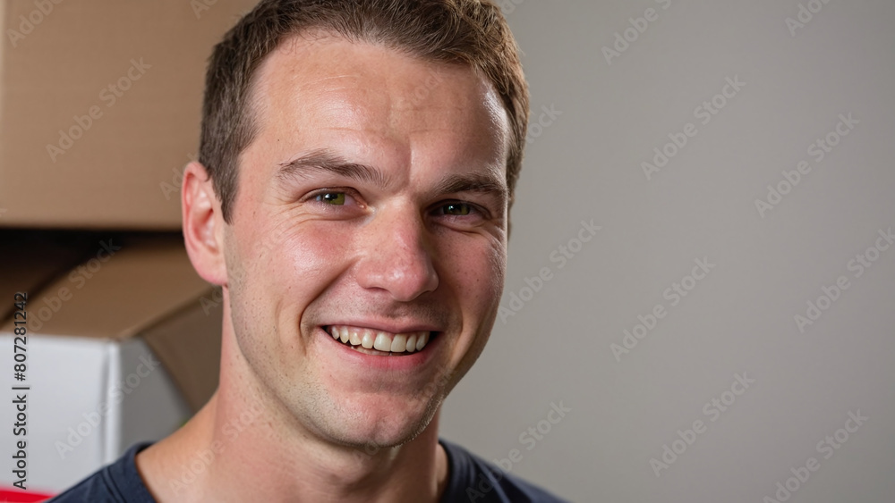 Obraz premium Empowering Smiles: The Journey of a Dedicated White Male Deliveryman, a Model of Hard Work and Happiness