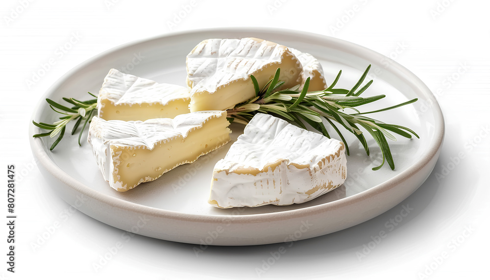 Plate with pieces of tasty Camembert cheese on white background Plate with pieces of tasty Camembert cheese on white background