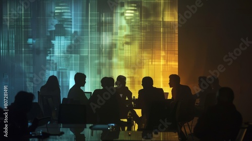 A captivating silhouette of a group of coworkers collaborating in a meeting room