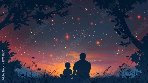 Father and child sitting together, sharing stories under the stars
