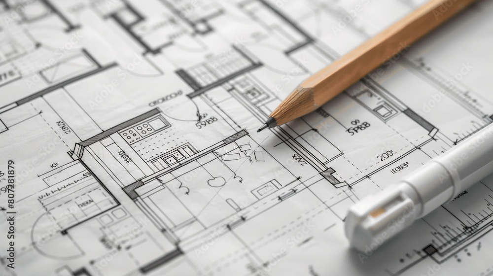 A pen delicately placed on a detailed blueprint of a house, showcasing the intricate design work involved in architecture and construction planning. Generative AI A pen delicately placed on a detailed blueprint of a house, showcasing the intricate design work involved in architecture and construction planning. Generative AI