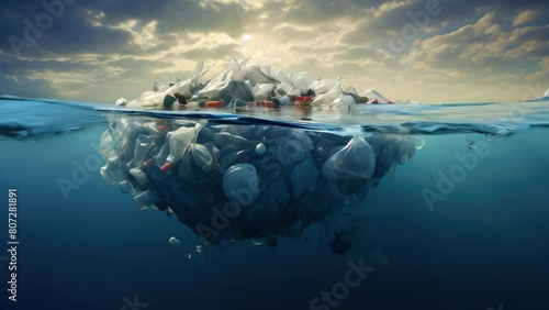 A large pile of plastic waste is floating in the ocean