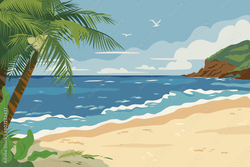 Tropical beach panoramic view with palm trees and rocks on the seashore Landscape with sea coast, sand beach and sky Horizontal summer seaside with sandy ocean shore and clouds on horizon. Flat vector
