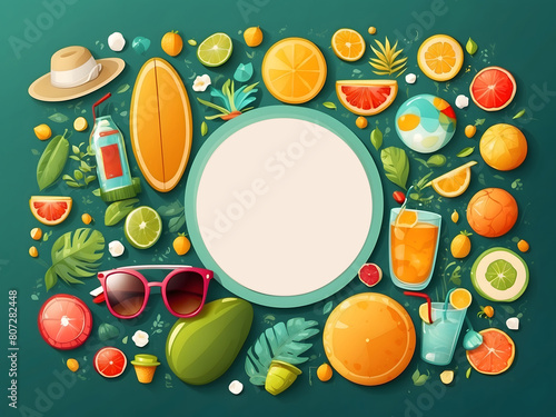 Hello summer vector banner design. Hello summer greeting in white circle for text with beach elements like beach ball, surfboard, hat, juice and sunglasses for summer vacation in green backgrounds.