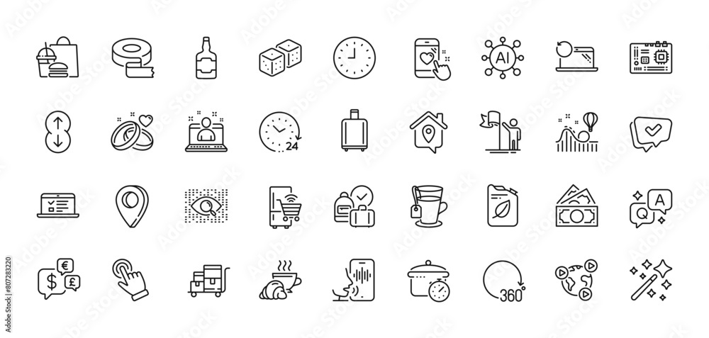 Fototapeta premium Video conference, Adhesive tape and Tea line icons pack. AI, Question and Answer, Map pin icons. Cursor, Clock, Approved web icon. Inventory cart, Canister, Web lectures pictogram. Vector