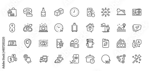 Video conference  Adhesive tape and Tea line icons pack. AI  Question and Answer  Map pin icons. Cursor  Clock  Approved web icon. Inventory cart  Canister  Web lectures pictogram. Vector