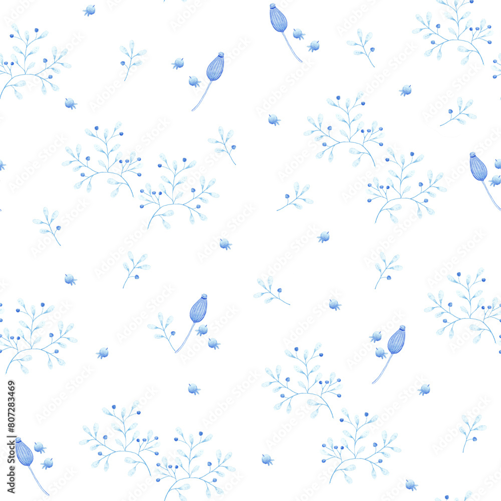 Botanical seamless pattern illustration with blue and azure branches , leaves and wildflowers over a white background. Spring and summer theme. Botanical seamless pattern illustration with blue and azure branches , leaves and wildflowers over a white background. Spring and summer theme.