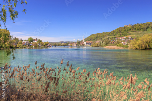 Scenic view over the Rhine river to the Swiss city Stein am Rhein