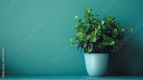 A lush green potted plant stands against a calming teal wall. The simplicity of this interior decor creates a serene atmosphere. Large cope space for text