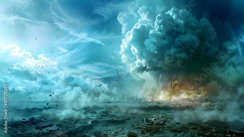 Apocalyptic nuclear bomb artwork featuring destruction and chaos in a postwar world. Concept Apocalyptic Art, Nuclear Bomb, Destruction, Chaos, Postwar World photo