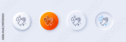 Washing hands line icon. Neumorphic, Orange gradient, 3d pin buttons. Sanitary cleaning sign. Clean gloves symbol. Line icons. Neumorphic buttons with outline signs. Vector