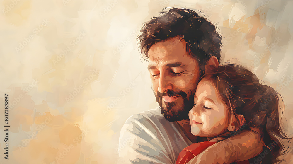 Father and child hugging in portrait background, celebrating mother's hug day, love, family and parenthood concept.