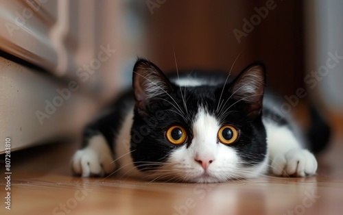 Black and white cat lying on the floor with wide eyes. © Mark
