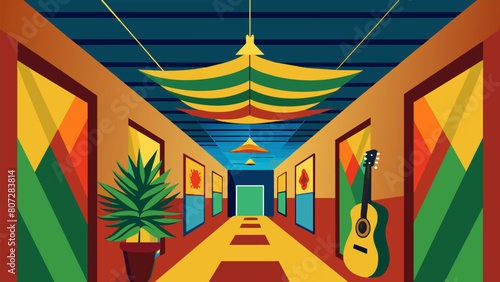 As you make your way to the next corner youre greeted with the sights and sounds of reggae music. The walls are painted in bright colors and there are Vector illustration