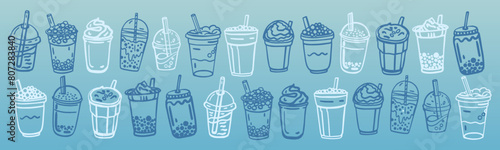 Hand drawn bubble milk tea set with cute doodle decoration. Boba milk tea and yummy drinks illustration. Cold tea. Realistic. Orange vector illustration. 