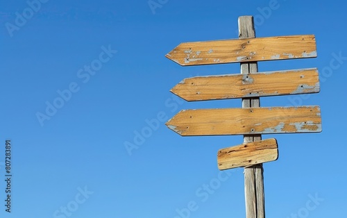 Blank directional signposts against a clear blue sky. © Mark