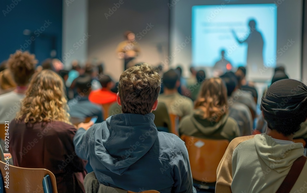 Blurred audience in a seminar with a presenter gesturing toward a projection screen.