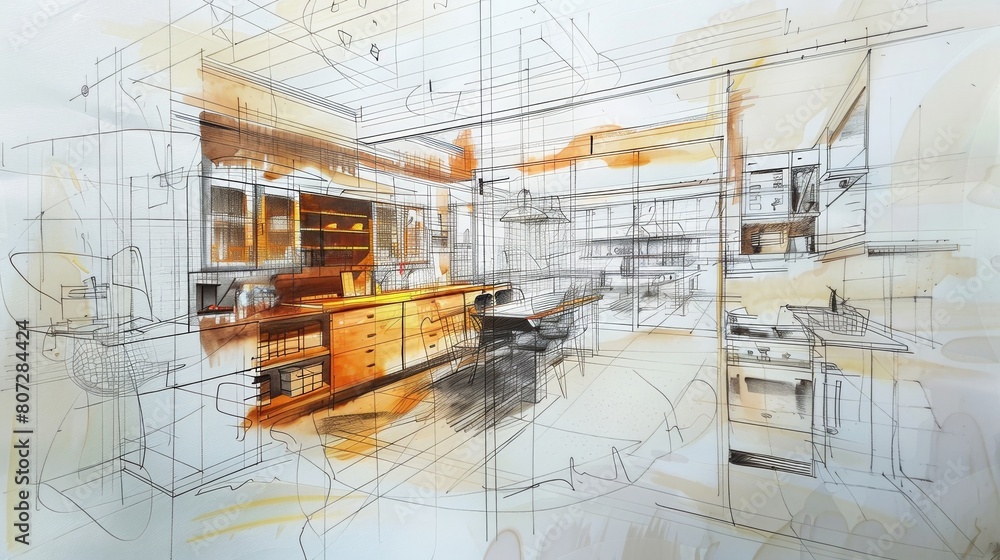 A detailed drawing of a spacious kitchen with ample counter space and storage, featuring modern appliances and a sleek design. Generative AI A detailed drawing of a spacious kitchen with ample counter space and storage, featuring modern appliances and a sleek design. Generative AI