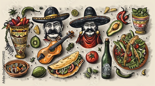 A colorful illustration of Mexican food and culture, featuring sombreros, guitars, avocados, tacos, and more. photo