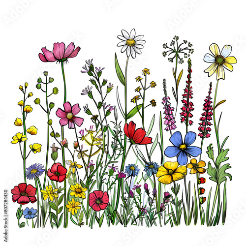wildflowers in a meadow arranged in a line cartoon