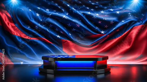 dark black product display podium, Blue red glowing USA flag abstract background, united states of America, 4th of July, Independence Day, America podium, USA product presentation, ad, podium platform