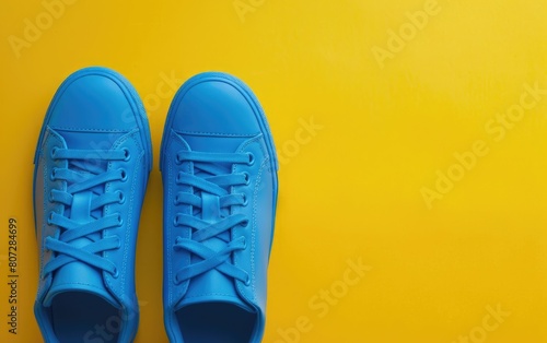 Bright blue sneakers on a vivid yellow background.