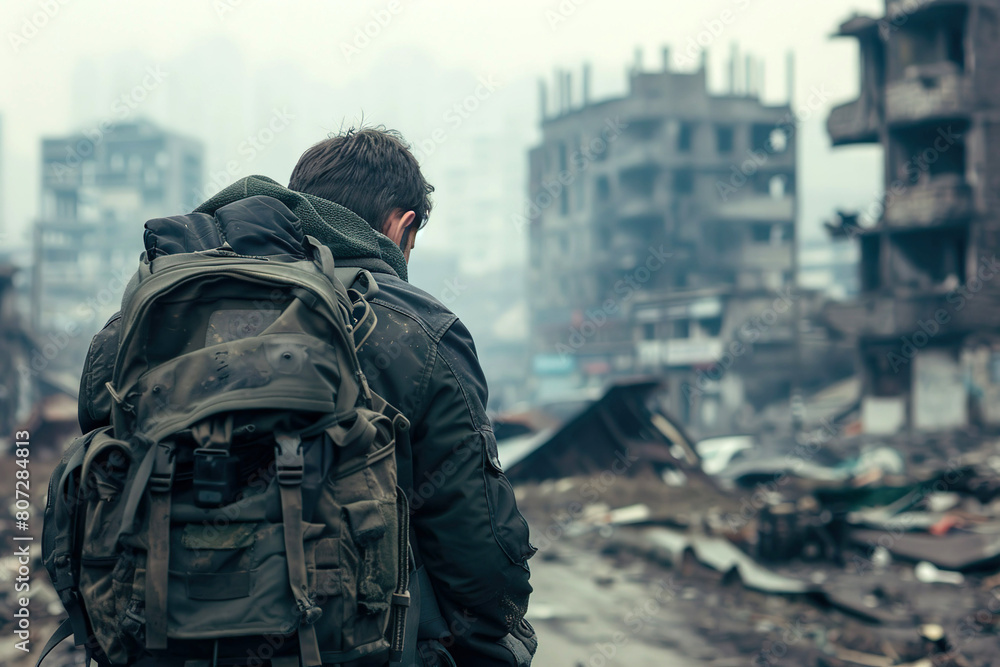 A refugee walks through the ruins. Migration A refugee walks through the ruins. Migration