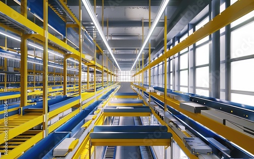 Bright, modern warehouse with rows of yellow and blue shelves.