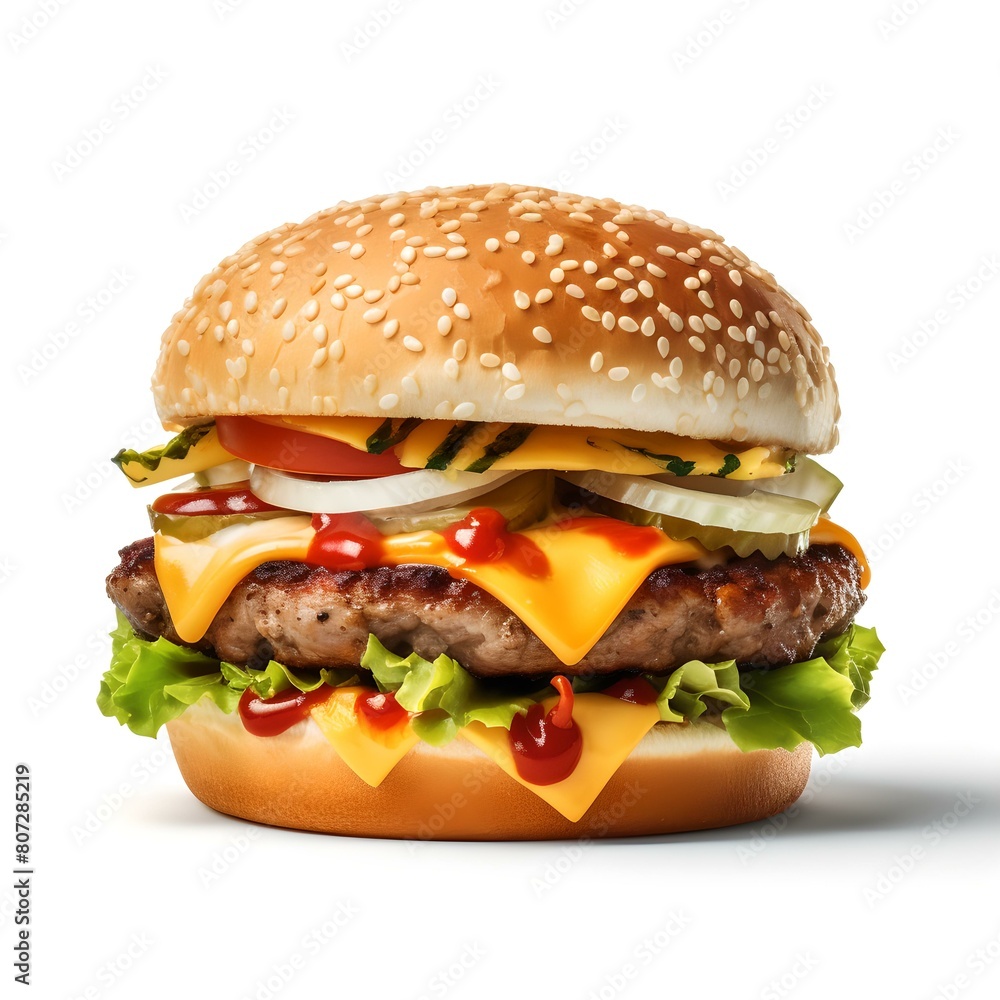 Classic cheeseburger with lettuce, cheese, pickles, onions, ketchup, and mustard on a white background Classic cheeseburger with lettuce, cheese, pickles, onions, ketchup, and mustard on a white background