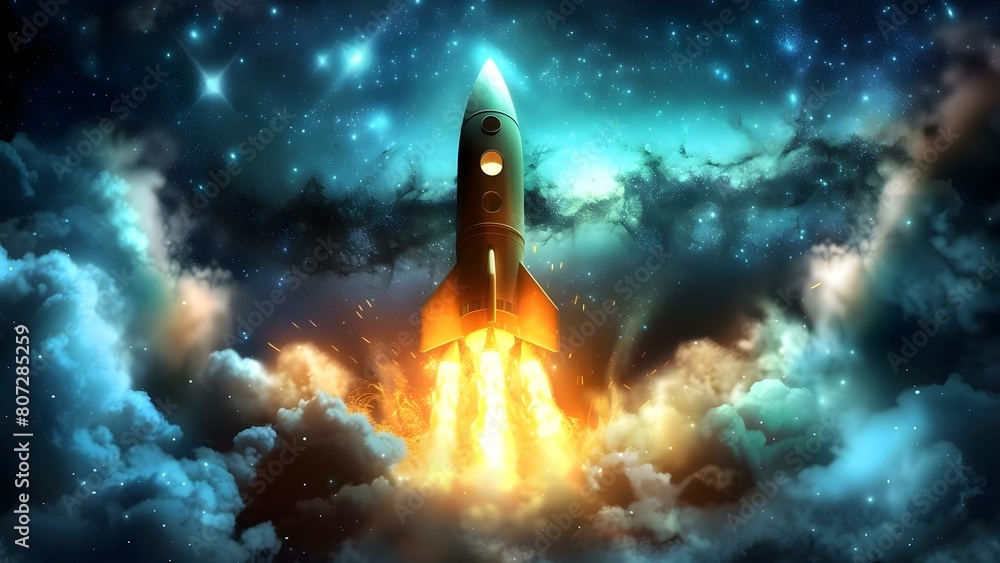 Startup rocket ship symbolizes successful business launch with stellar success. Concept Entrepreneurship, Business Success, Startup Strategies, Growth Acceleration, Achieving Goals