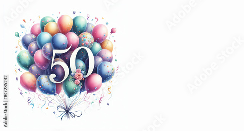 Watercolor balloons with the number 50 on a white background - Happy 50th birthday card with copy space to add text photo