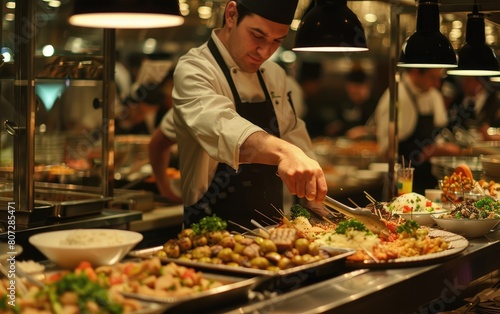Chef serving food at a buffet with various dishes.