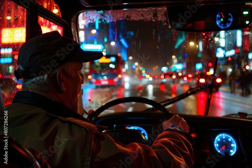 Senior Taxi Driver Navigating the Busy City Streets at Night