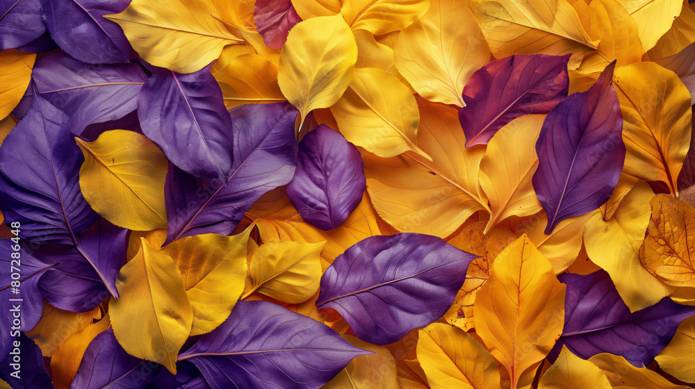 Abstract natural background from leaves in yellow and purple