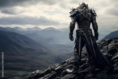3D rendering of a fantasy warrior with a sword on the top of a mountain