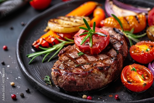 Grilled fillet steak with roasted vegetables and tomatoes - delicious dinner option