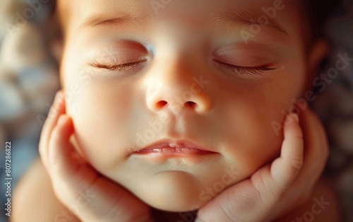 Close-up of a baby's face resting on tiny hands.