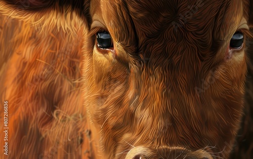 Close-up of a brown cow with gentle eyes and soft fur. photo