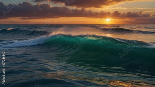 Colorful Sea Waves. Sea water in peak shape. Sunset light and beautiful clouds in the background