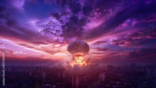 City hit by nuclear bomb mushroom cloud rising from destruction aftermath. Concept Tragedy, Nuclear Disaster, Destruction, Catastrophe, Devastation