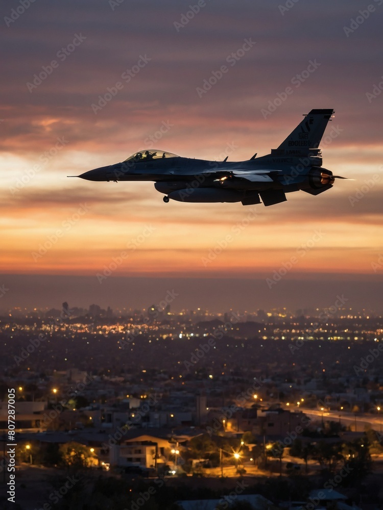 Border Vigilance, F- Fighter Jet Speeds Over Cities at Sunset on Protection Duty