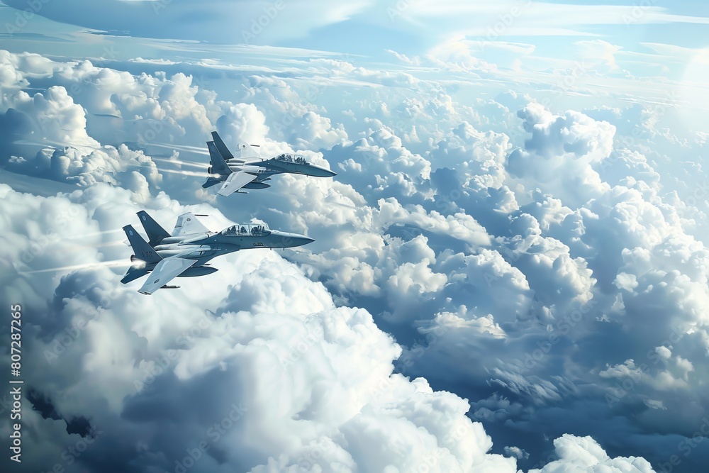 Fototapeta premium Two powerful fighter jets soaring through the breathtaking cloudscape in the clear blue sky